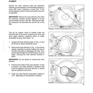 May include: A technical manual page titled SECTION 4 - LUBRICATION AND MAINTENANCE, detailing instructions for servicing an engine air cleaner outer element. It includes three black and white line drawings labeled 10, 11, and 12 showing the filter.