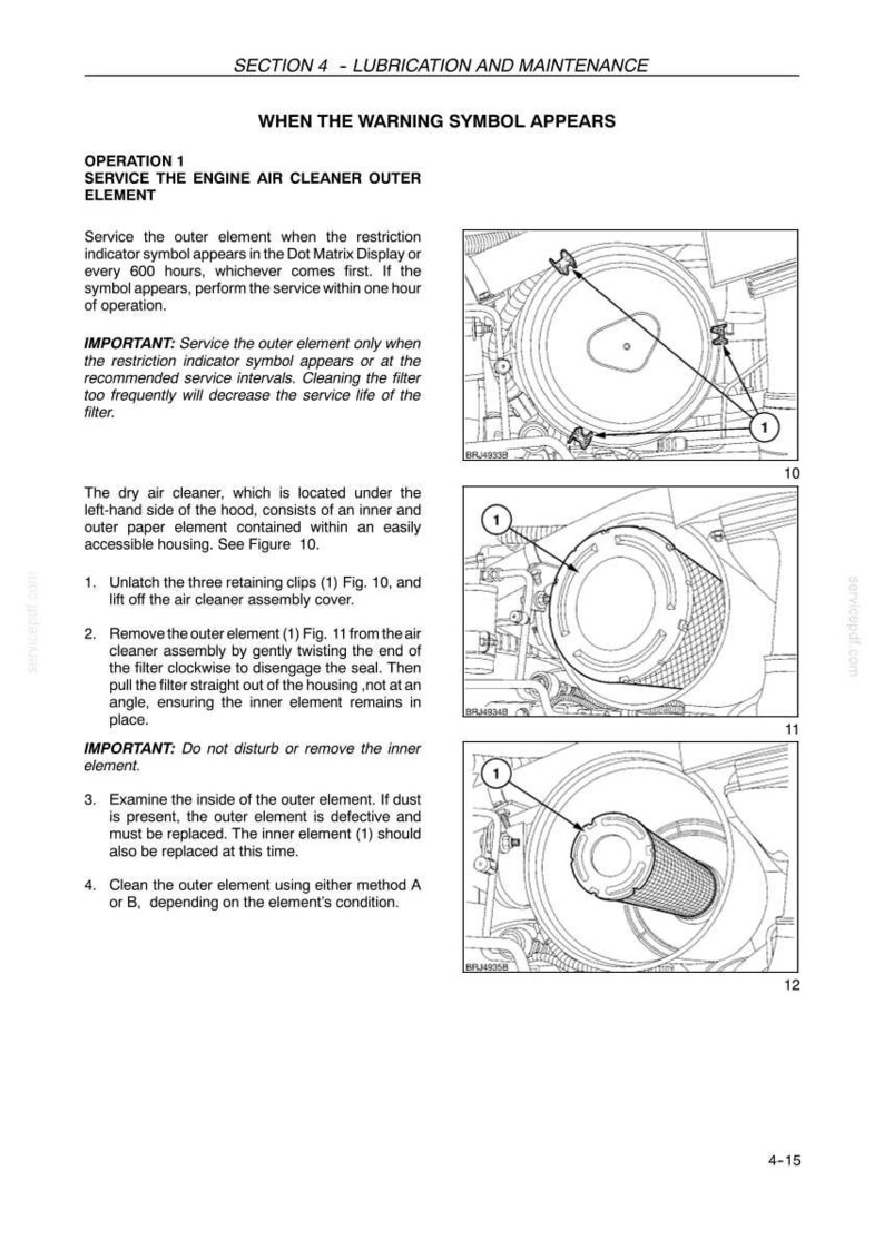 May include: A technical manual page titled SECTION 4 - LUBRICATION AND MAINTENANCE, detailing instructions for servicing an engine air cleaner outer element. It includes three black and white line drawings labeled 10, 11, and 12 showing the filter.