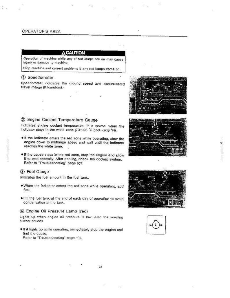 May include: A page titled OPERATOR'S AREA containing instructions for a machine. It includes a CAUTION section, descriptions for a speedometer, engine coolant temperature gauge, fuel gauge, and engine oil pressure lamp, with small diagrams.