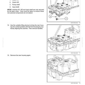 May include: Diagram of a powershift transmission with labeled components: clutch KV, clutch KR, pump shaft, and input shaft. The image includes instructions for pivoting the rear housing and aligning clutches, with measurements in degrees.