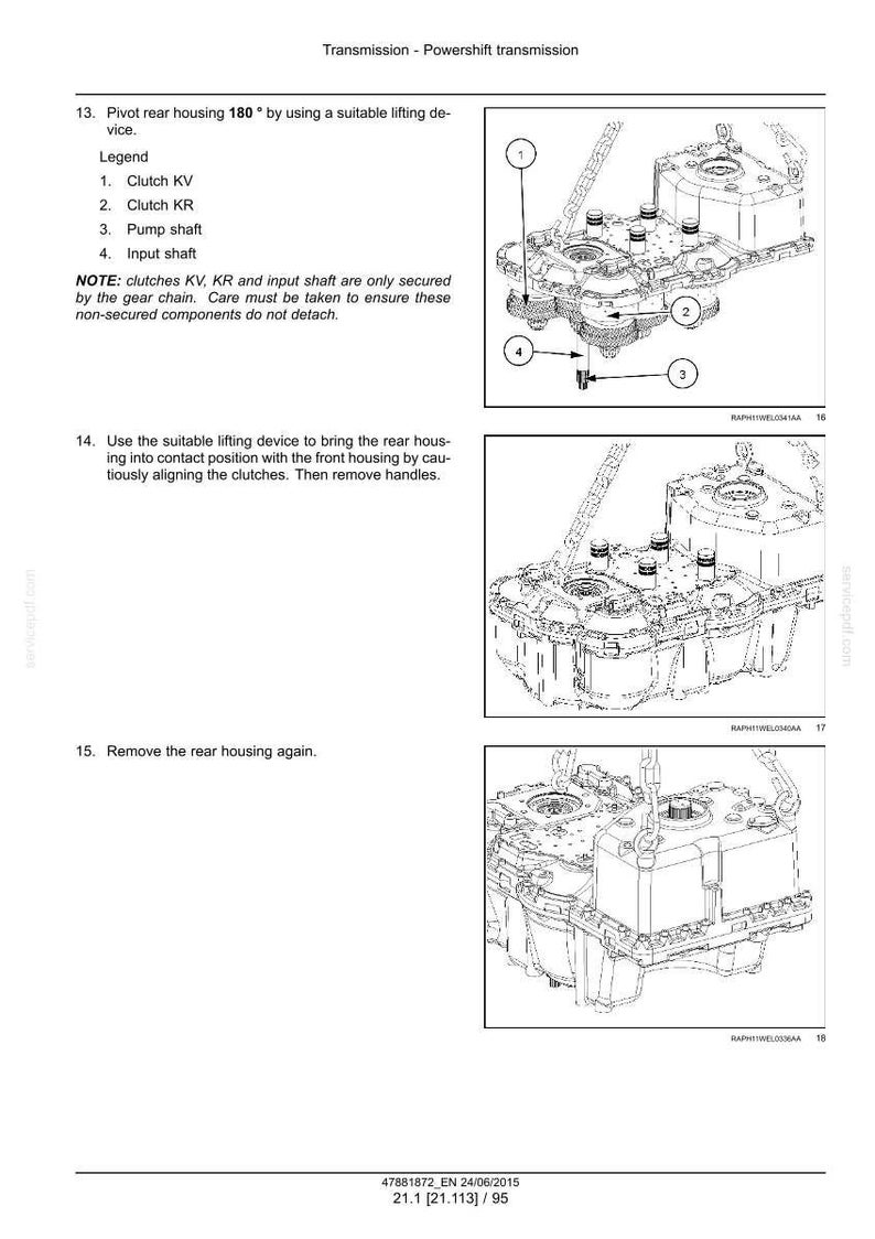 May include: Diagram of a powershift transmission with labeled components: clutch KV, clutch KR, pump shaft, and input shaft. The image includes instructions for pivoting the rear housing and aligning clutches, with measurements in degrees.