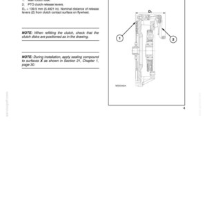 May include: Diagram of a longitudinal section of an 11" LUK clutch, with labels for the main clutch disk and PTO clutch release levers. Includes a measurement of 139.5 mm (5.4921 in) and notes on refitting and installation.