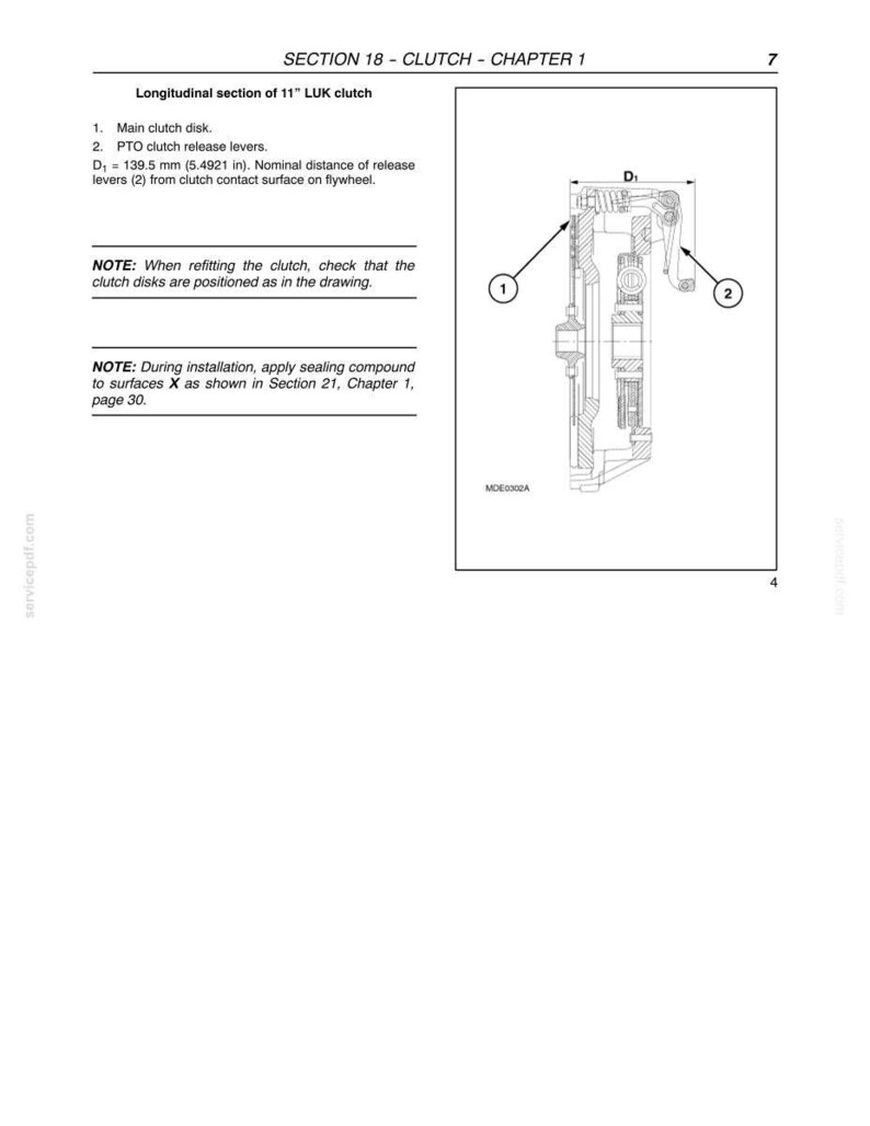May include: Diagram of a longitudinal section of an 11" LUK clutch, with labels for the main clutch disk and PTO clutch release levers. Includes a measurement of 139.5 mm (5.4921 in) and notes on refitting and installation.