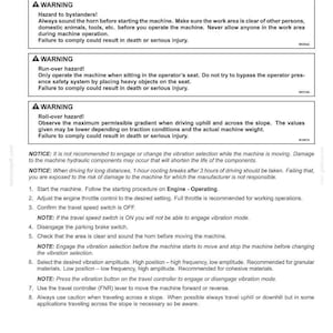 Puede incluir: Una p&aacute;gina de manual titulada "Operaciones de trabajo" con advertencias de seguridad sobre vibraciones. El texto detalla los peligros para los transe&uacute;ntes, los riesgos de vuelco y las instrucciones de funcionamiento.