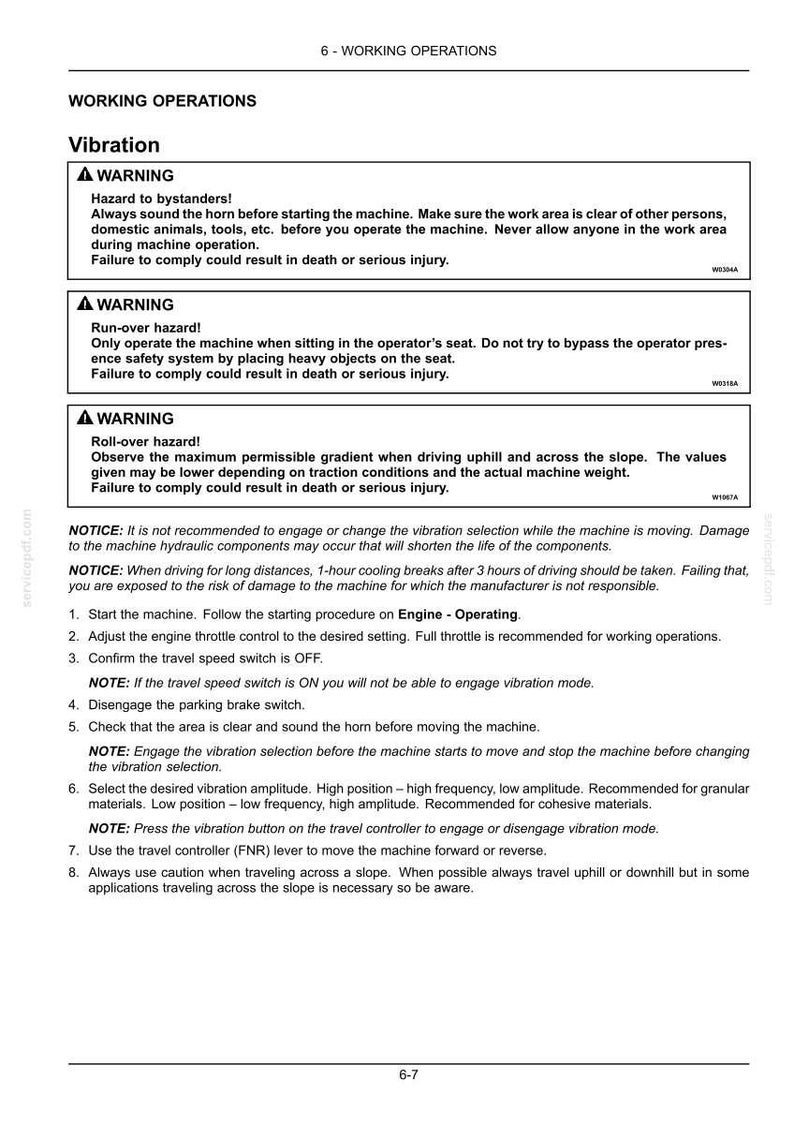 Puede incluir: Una p&aacute;gina de manual titulada "Operaciones de trabajo" con advertencias de seguridad sobre vibraciones. El texto detalla los peligros para los transe&uacute;ntes, los riesgos de vuelco y las instrucciones de funcionamiento.