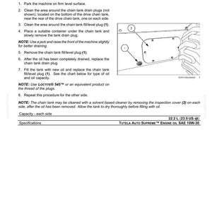 May include: A technical maintenance document page titled Final drive chain tank oil. It includes numbered instructions for changing oil, a diagram showing the drain plug labeled 1 and inspection cover labeled 2, and oil capacity of 22.2 L.