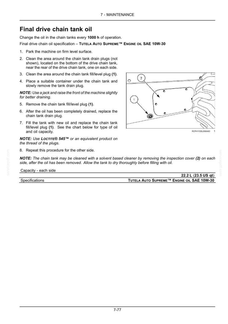 May include: A technical maintenance document page titled Final drive chain tank oil. It includes numbered instructions for changing oil, a diagram showing the drain plug labeled 1 and inspection cover labeled 2, and oil capacity of 22.2 L.