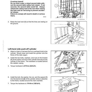 May include: Diagram of hydraulic system components, including a cylinder, bolts, and a load rack. Instructions detail installation steps, with torque specifications in lb ft. The image includes safety warnings.