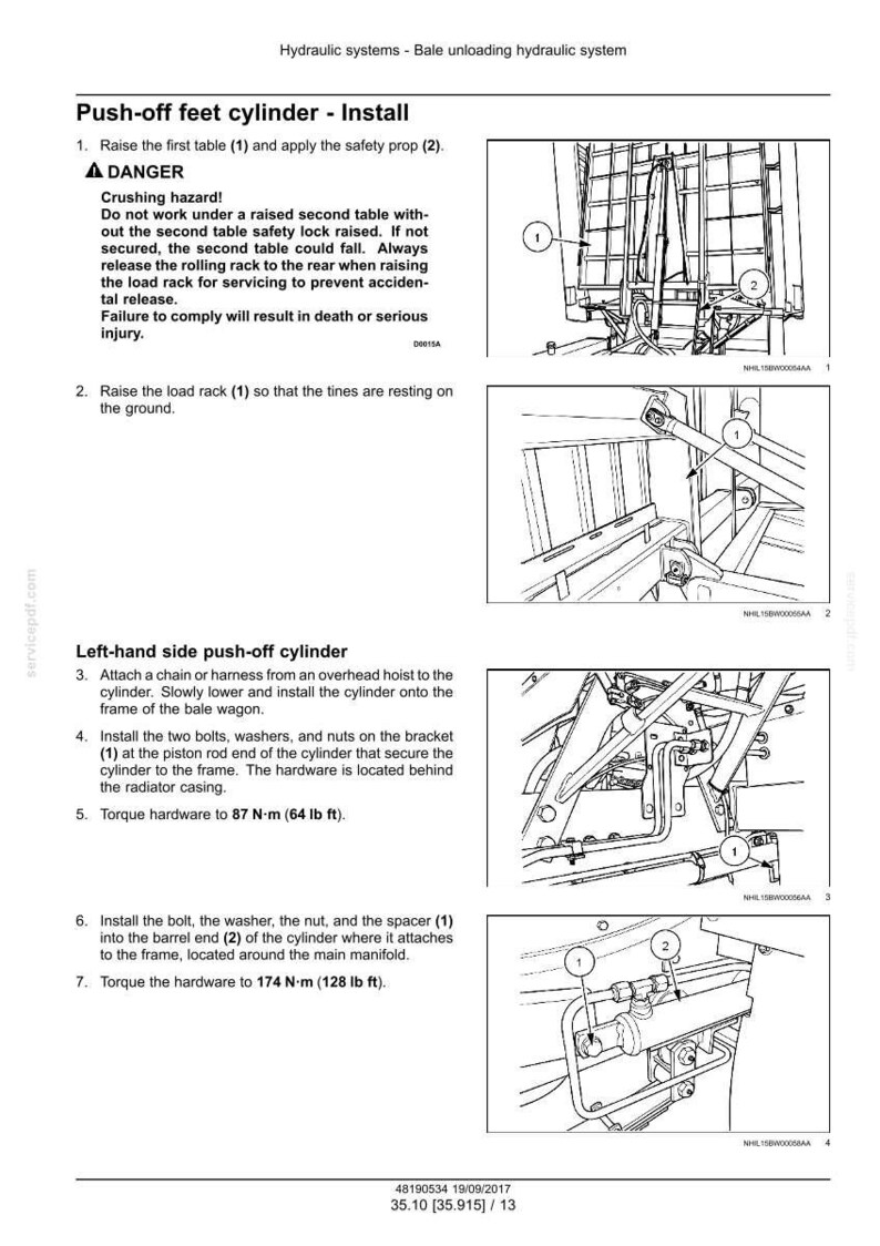 May include: Diagram of hydraulic system components, including a cylinder, bolts, and a load rack. Instructions detail installation steps, with torque specifications in lb ft. The image includes safety warnings.