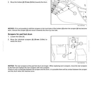 以下が含まれることがあります： スムーズドラムとパッドフットドラム用のスクレーパー調整を示す図。ボルトの緩め方やホルダーまたはスクレーパーの移動方法などの手順が含まれています。測定値はmmで示されています。