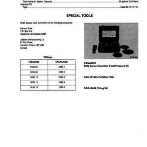 May include: A printed document with specifications for hydraulic tools. It includes details on capacity, reservoir, and hydraulic oil, along with a list of special tools and fitting sizes. The document also features a photo of a tool kit.