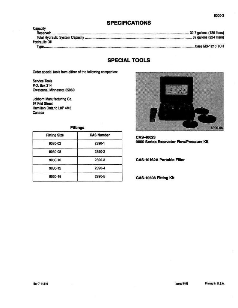 May include: A printed document with specifications for hydraulic tools. It includes details on capacity, reservoir, and hydraulic oil, along with a list of special tools and fitting sizes. The document also features a photo of a tool kit.