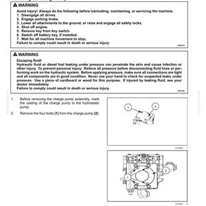 May include: Diagram of a hydrostatic system feed pump removal procedure. Includes warnings about potential hazards and instructions for removing the charge pump, with numbered steps and illustrations.