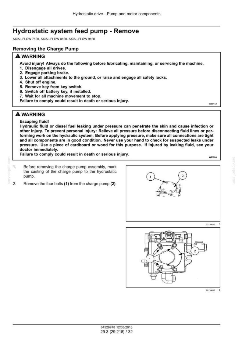 May include: Diagram of a hydrostatic system feed pump removal procedure. Includes warnings about potential hazards and instructions for removing the charge pump, with numbered steps and illustrations.