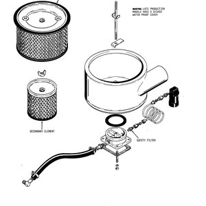 May include: An exploded diagram of an air intake system, featuring a primary and secondary element, a safety filter, and various connecting components. The diagram includes text labels and a note about late production models.