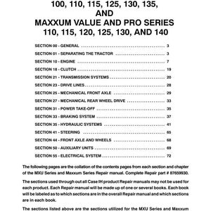 May include: A printed page from a repair manual for MXU and Maxxum series tractors. The page lists various sections, including engine, clutch, and transmission systems. The manual covers models 100-140.