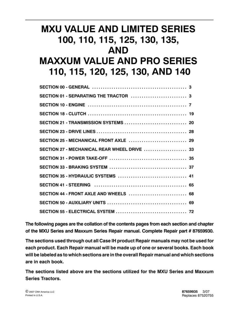 May include: A printed page from a repair manual for MXU and Maxxum series tractors. The page lists various sections, including engine, clutch, and transmission systems. The manual covers models 100-140.