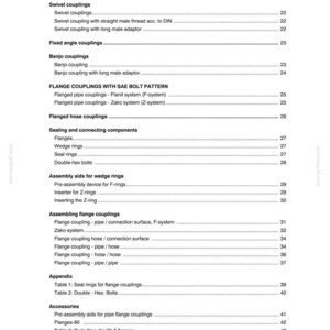 May include: A detailed table of contents from a technical manual, featuring various types of couplings, including swivel, banjo, and flange couplings. The document also lists sealing components, assembly aids, and accessories, all in black text on a white background.