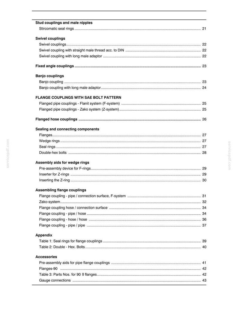 May include: A detailed table of contents from a technical manual, featuring various types of couplings, including swivel, banjo, and flange couplings. The document also lists sealing components, assembly aids, and accessories, all in black text on a white background.
