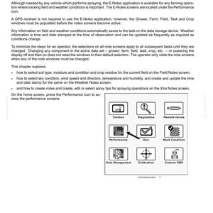 May include: A technical manual page titled Precision Farming: E-Notes, detailing field and weather tracking software. It includes text instructions and a diagram showing nine square icons labeled Toolbox, Diagnostics, Remote Valves, Performance, Run, Work Condition, Data Management, Calibration, and Custom HMS.