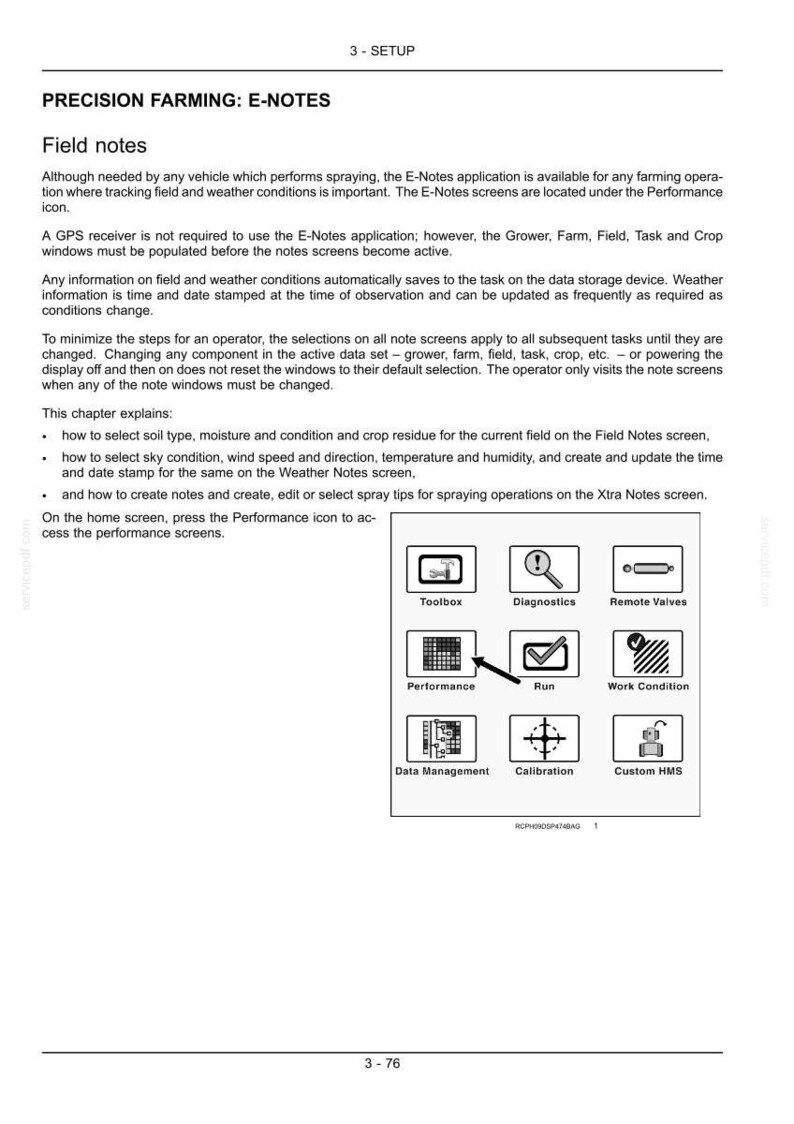 May include: A technical manual page titled Precision Farming: E-Notes, detailing field and weather tracking software. It includes text instructions and a diagram showing nine square icons labeled Toolbox, Diagnostics, Remote Valves, Performance, Run, Work Condition, Data Management, Calibration, and Custom HMS.