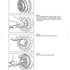 May include: Technical diagram illustrating the disassembly of a traveling gearbox. The image shows step-by-step instructions, including removing an O-ring, driving in the brake, and removing the snap ring. The text includes "TRAVELING GEARBOX" and figure numbers.