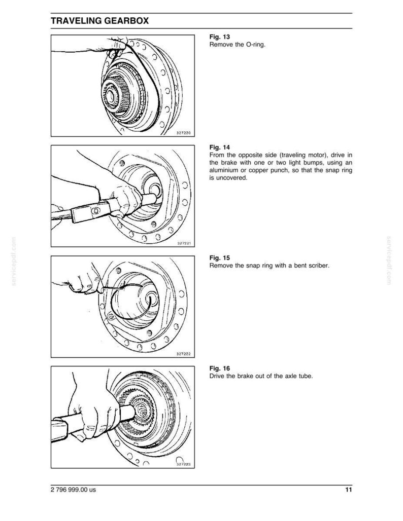 May include: Technical diagram illustrating the disassembly of a traveling gearbox. The image shows step-by-step instructions, including removing an O-ring, driving in the brake, and removing the snap ring. The text includes "TRAVELING GEARBOX" and figure numbers.