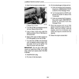 Peut inclure: Page d'un manuel avec des instructions pour le remplacement du filtre &agrave; huile moteur. Le texte d&eacute;taille les &eacute;tapes, notamment le retrait de l'ancien filtre, le nettoyage de la base et l'installation du nouveau. L'image montre un moteur.