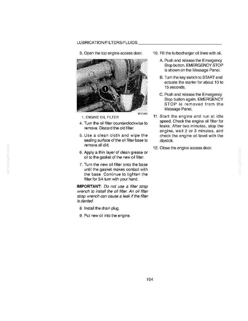Peut inclure: Page d'un manuel avec des instructions pour le remplacement du filtre &agrave; huile moteur. Le texte d&eacute;taille les &eacute;tapes, notamment le retrait de l'ancien filtre, le nettoyage de la base et l'installation du nouveau. L'image montre un moteur.