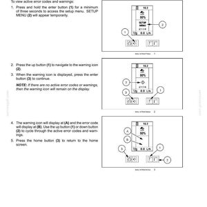 May include: A technical manual page titled 3-CONTROLS AND INSTRUMENTS detailing how to view active error codes and warnings on a tractor. It features three instructional diagrams with numbered buttons and display screens showing data like 15.2 and 0.0 L/h.