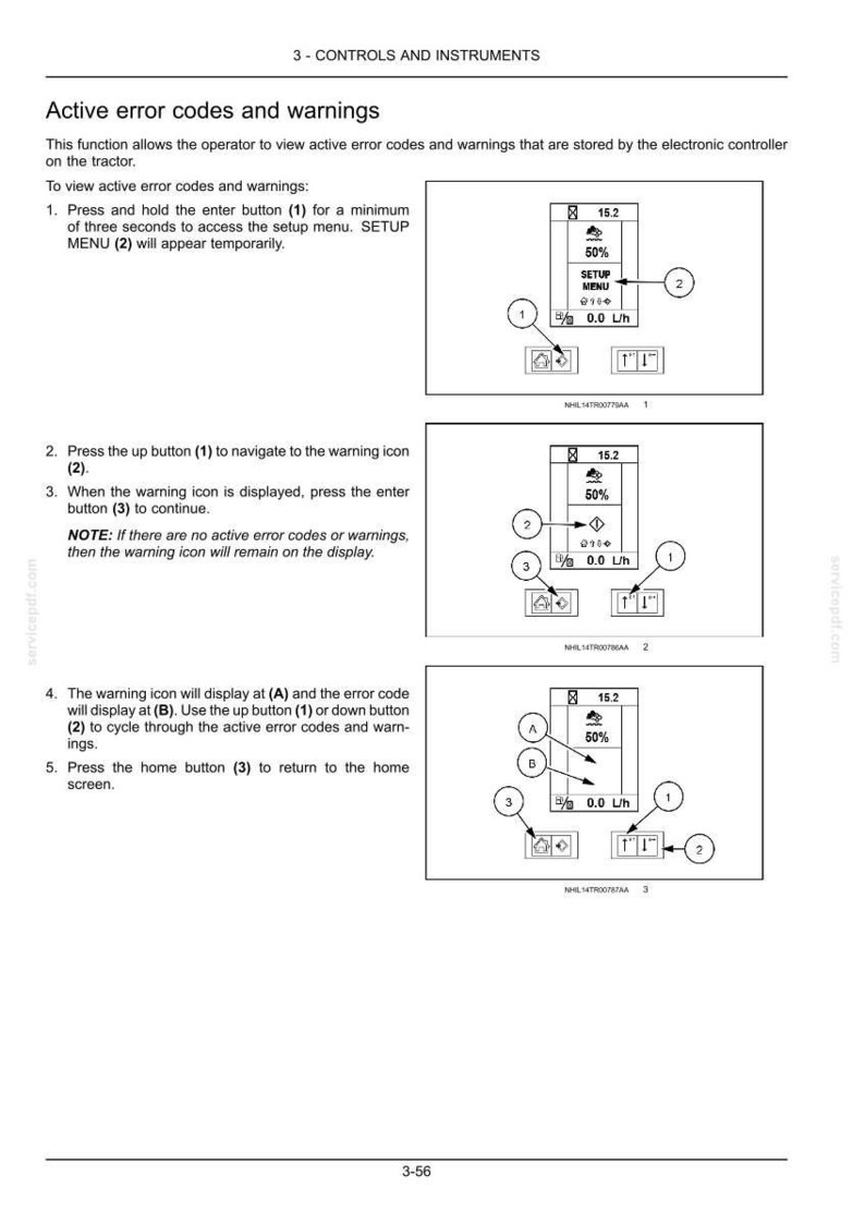 May include: A technical manual page titled 3-CONTROLS AND INSTRUMENTS detailing how to view active error codes and warnings on a tractor. It features three instructional diagrams with numbered buttons and display screens showing data like 15.2 and 0.0 L/h.