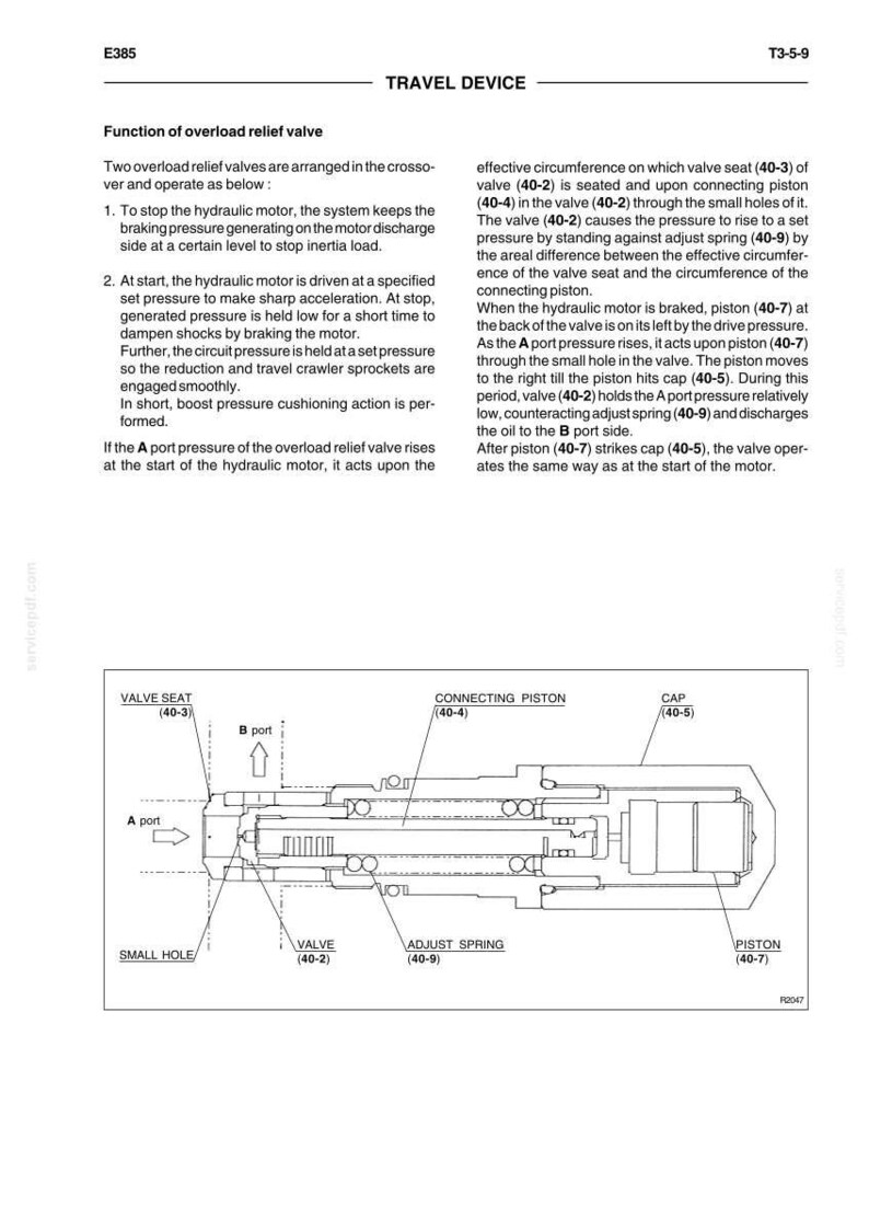 May include: Diagram of a travel device with labeled components including valve seat, connecting piston, cap, valve, adjust spring, and piston. Text describes the function of overload relief valves.