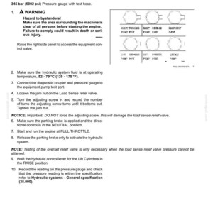 May include: A technical document titled "Hydraulic systems - Pressure test - Overset relief valve." It includes instructions, diagrams, and warnings about hydraulic system testing, with measurements in bar and degrees Fahrenheit.