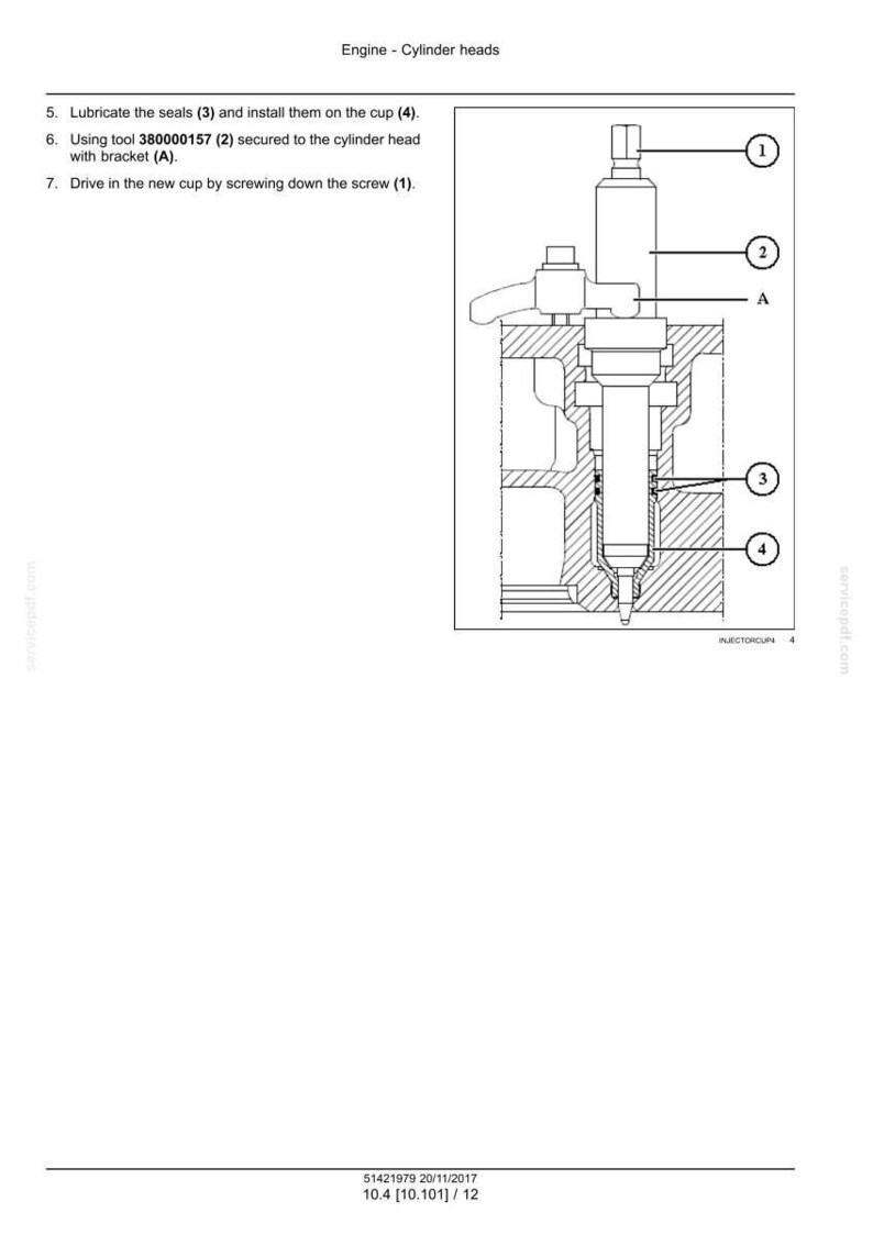 K&ouml;nnte beinhalten: Diagramm einer Zylinderkopf-Baugruppe mit nummerierten Komponenten. Anweisungen umfassen das Schmieren von Dichtungen, die Verwendung des Werkzeugs 380000157 und das Einschrauben einer neuen Tasse. Das Bild enth&auml;lt den Text "Engine - Cylinder heads."