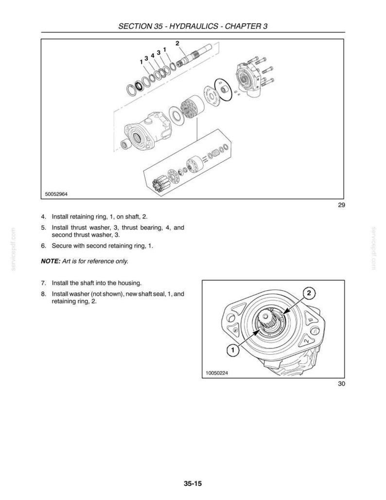 May include: An exploded diagram of hydraulic components, including retaining rings, washers, and bearings. The image is a technical illustration with labels and numbers for each part. Text at the top reads "SECTION 35 - HYDRAULICS - CHAPTER 3".