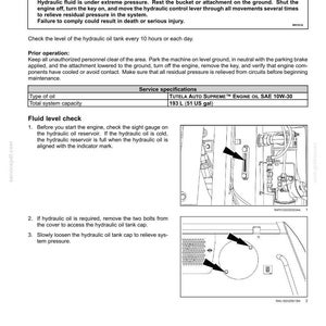 May include: A page from a maintenance manual detailing hydraulic oil procedures. It includes a warning about pressurized fluid, instructions for checking fluid levels, and service specifications for TUTELA AUTO SUPREME ENGINE OIL SAE 10W-30.
