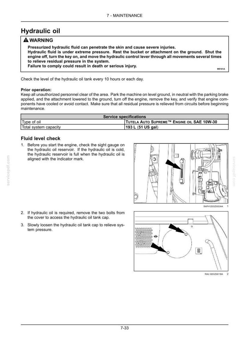 May include: A page from a maintenance manual detailing hydraulic oil procedures. It includes a warning about pressurized fluid, instructions for checking fluid levels, and service specifications for TUTELA AUTO SUPREME ENGINE OIL SAE 10W-30.