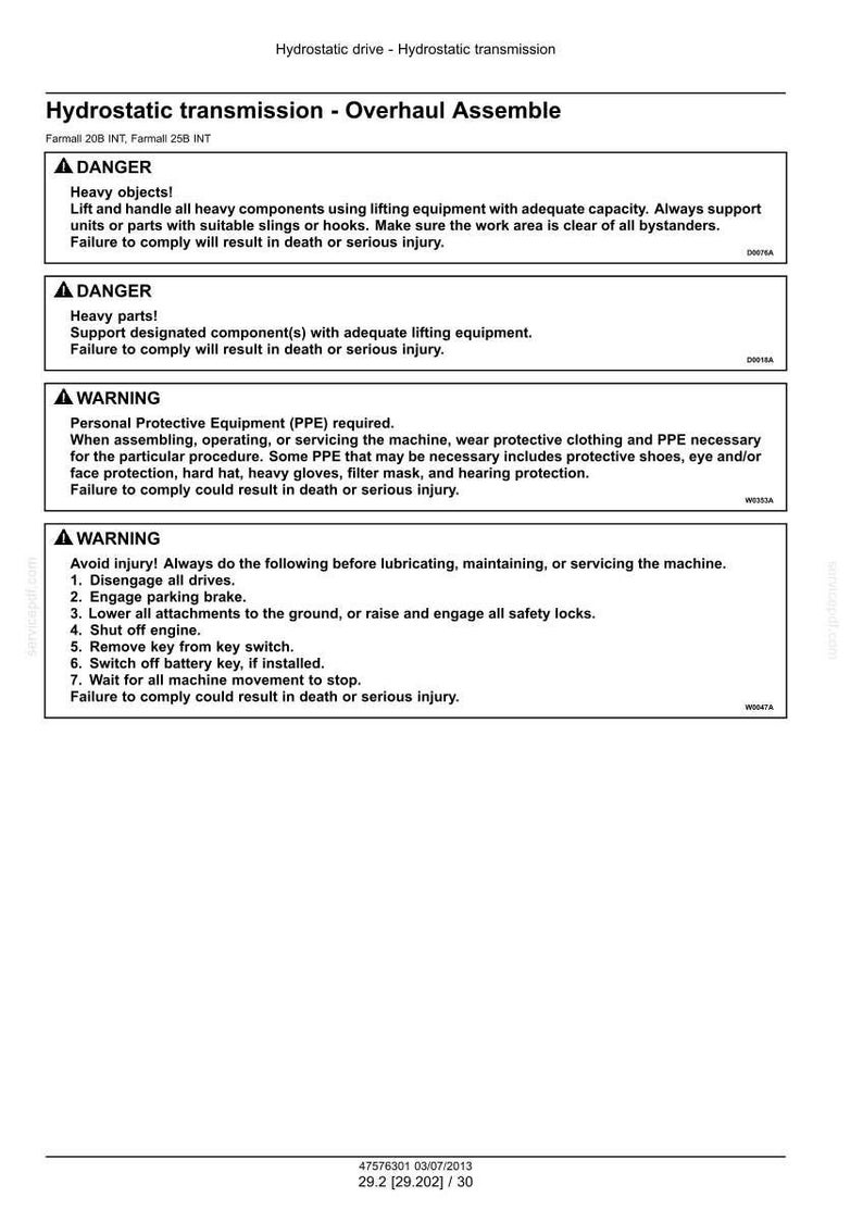 May include: A technical document titled "Hydrostatic transmission - Overhaul Assemble" with safety warnings. The document includes instructions and warnings about heavy objects, heavy parts, and required personal protective equipment.