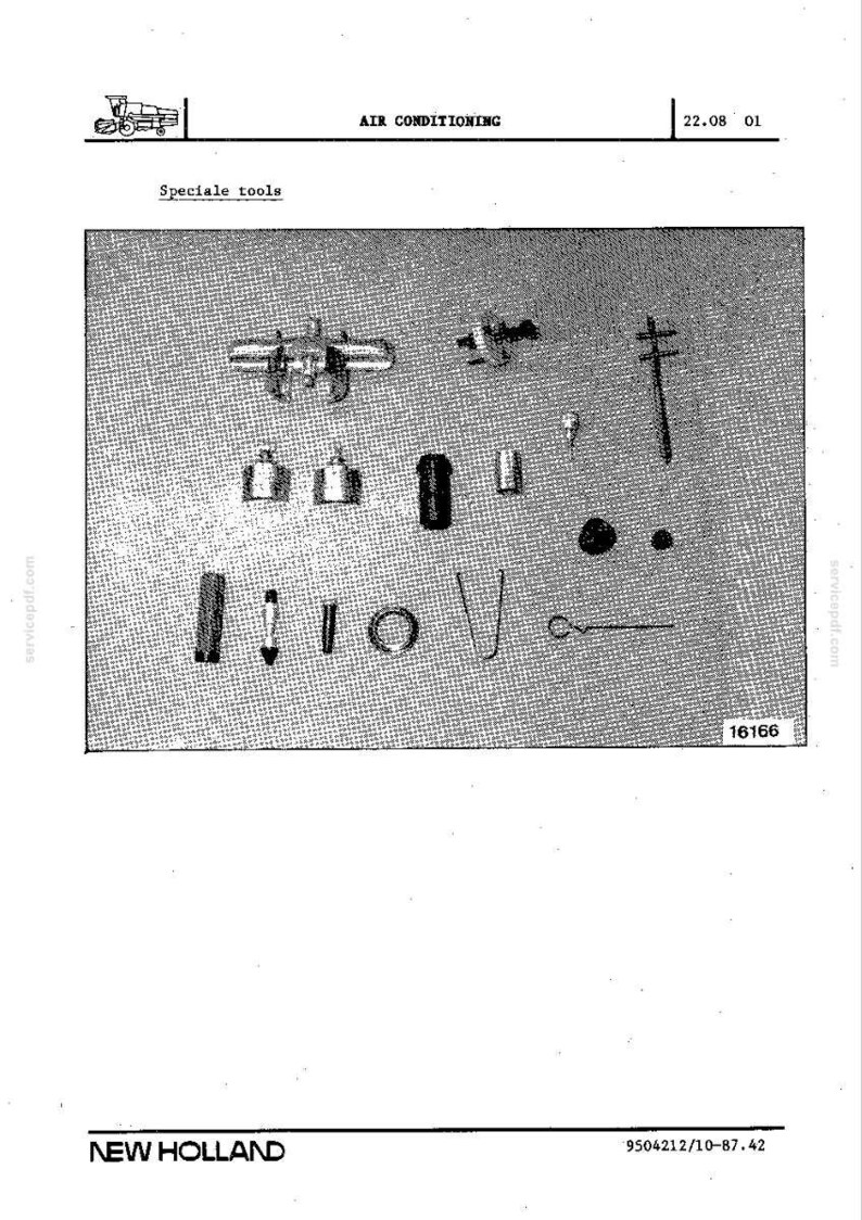 May include: A black and white diagram of various air conditioning tools. The image includes the text "Speciale tools" and "AIR CONDITIONING". The tools are arranged on a textured surface and include a variety of shapes and sizes.