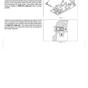 May include: Diagram of a hydraulic system's relief valve, with labels and cross-sectional views. The text describes the valve's function in protecting the system from shock loads, with a pressure setting of 19609 kPa (2844 psi).