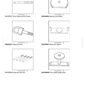 May include: Diagram of rear axle system components, including a short bearing driver handle, bearing cup installer, lifting eye hook, brake disc aligner, alignment stud set, and pinion depth gauge arbor. Each part is labeled with a part number.