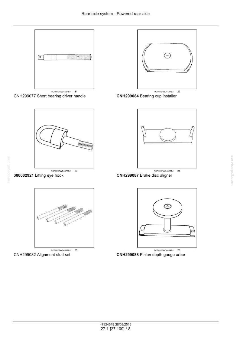 May include: Diagram of rear axle system components, including a short bearing driver handle, bearing cup installer, lifting eye hook, brake disc aligner, alignment stud set, and pinion depth gauge arbor. Each part is labeled with a part number.