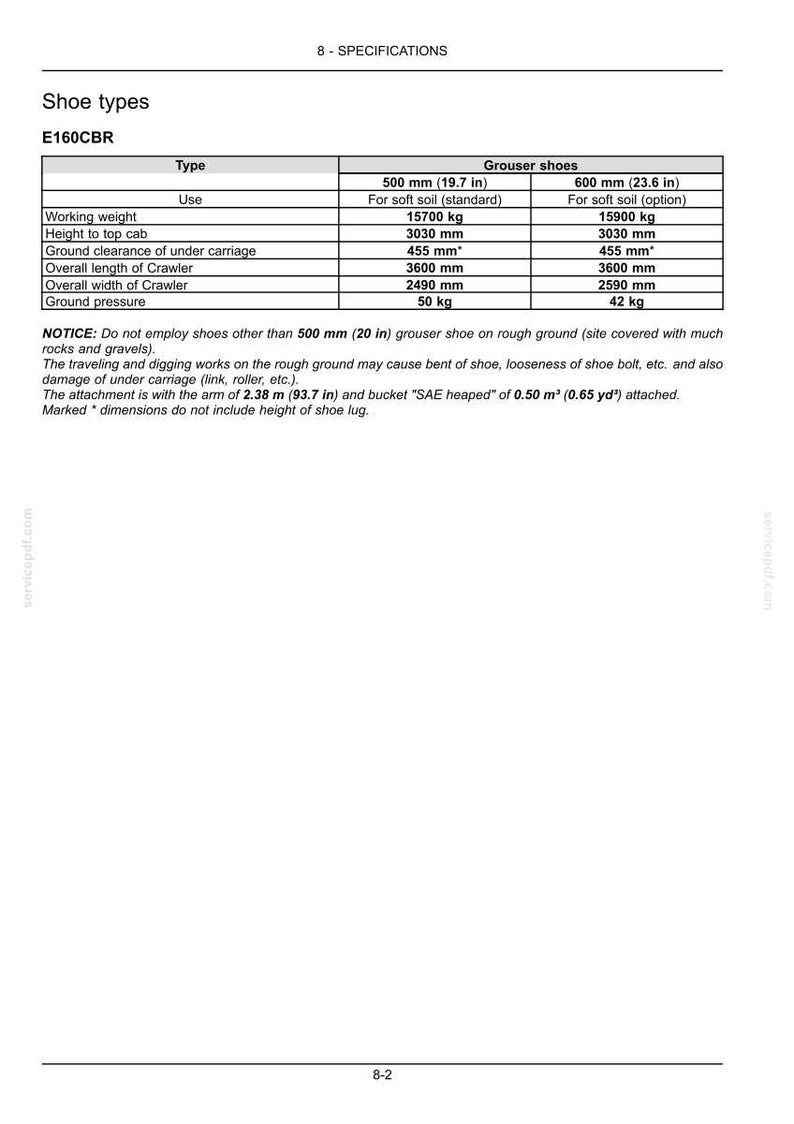 Puede incluir: Un documento de especificaciones t&eacute;cnicas para el modelo E160CBR, que incluye una tabla comparativa de zapatas de 500 mm y 600 mm. Enumera el peso operativo, la altura, la distancia al suelo, la longitud, la anchura y la presi&oacute;n sobre el suelo.