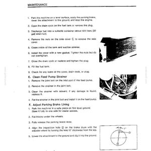 May include: A black and white technical manual page titled MAINTENANCE, featuring numbered instructions for fuel tank cleaning, feed pump strainer maintenance, and parking brake lining adjustment, accompanied by two small diagrams and a circle graphic.