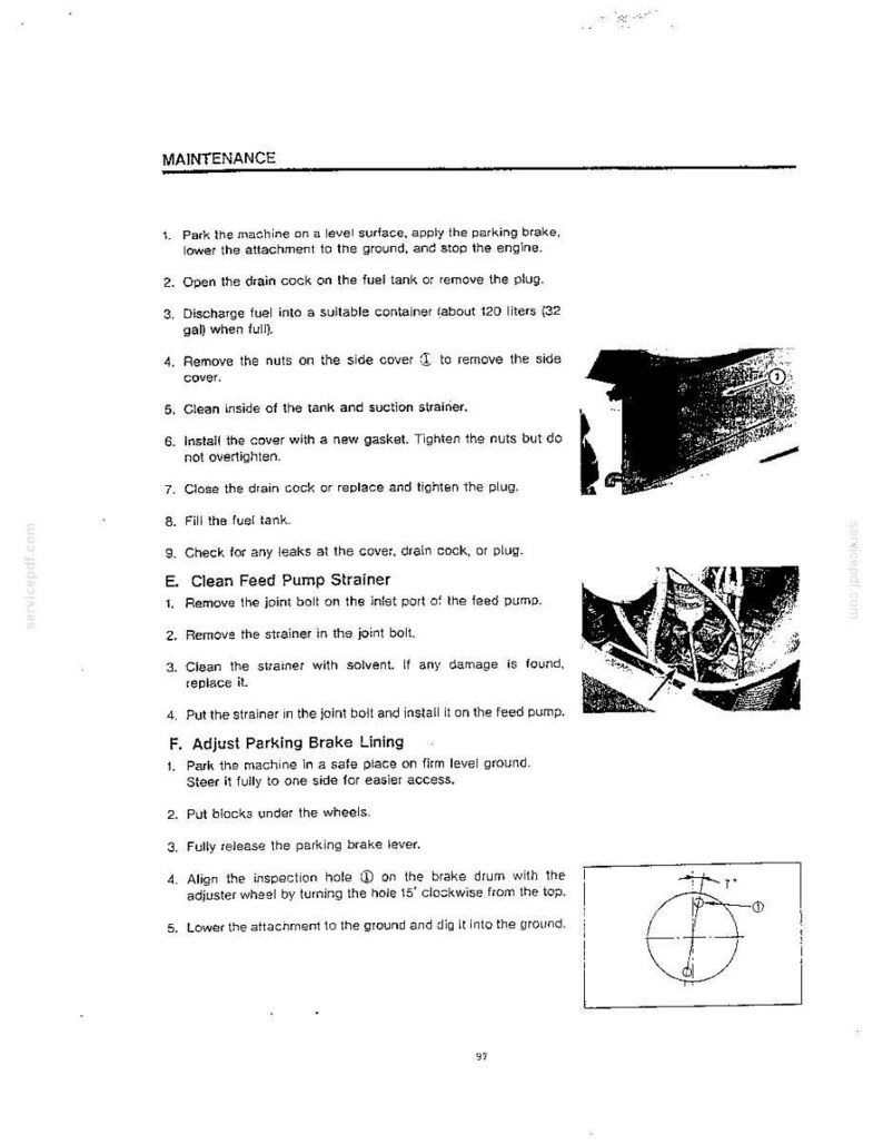 May include: A black and white technical manual page titled MAINTENANCE, featuring numbered instructions for fuel tank cleaning, feed pump strainer maintenance, and parking brake lining adjustment, accompanied by two small diagrams and a circle graphic.