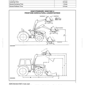 Peut inclure: Un document de sp&eacute;cifications techniques pour le tracteur Boomer 8N, comprenant un tableau des temps de fonctionnement et deux sch&eacute;mas au trait illustrant les capacit&eacute;s du chargeur agricole avec des mesures en unit&eacute;s m&eacute;triques.