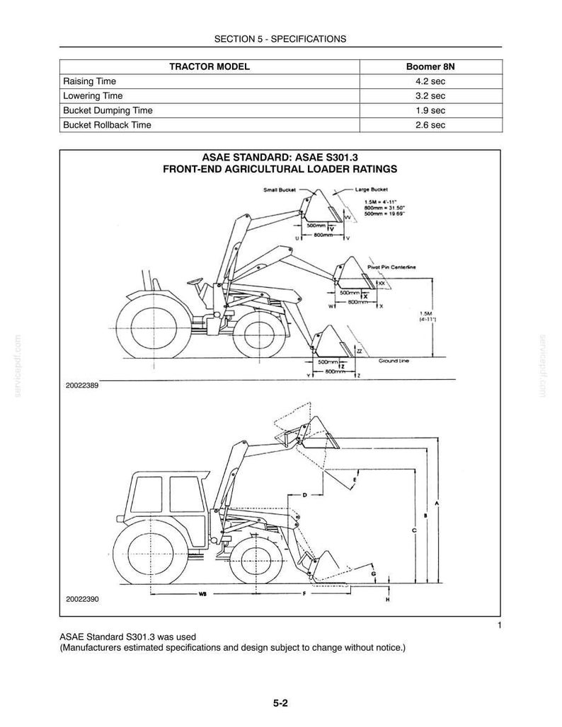 Peut inclure: Un document de sp&eacute;cifications techniques pour le tracteur Boomer 8N, comprenant un tableau des temps de fonctionnement et deux sch&eacute;mas au trait illustrant les capacit&eacute;s du chargeur agricole avec des mesures en unit&eacute;s m&eacute;triques.