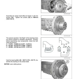 May include: Diagram of a front axle system with instructions for assembly. Includes images of components like O-rings, wheel shafts, and bearings. Text provides measurements in inches and instructions for tightening screws.