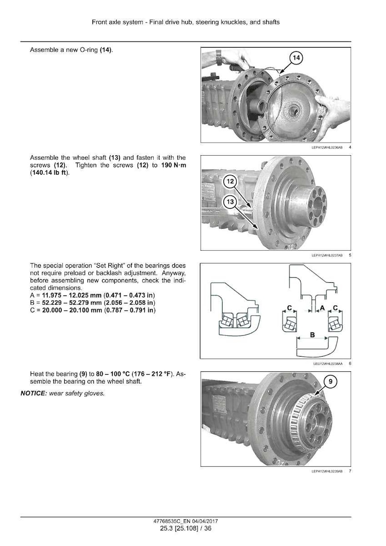 May include: Diagram of a front axle system with instructions for assembly. Includes images of components like O-rings, wheel shafts, and bearings. Text provides measurements in inches and instructions for tightening screws.