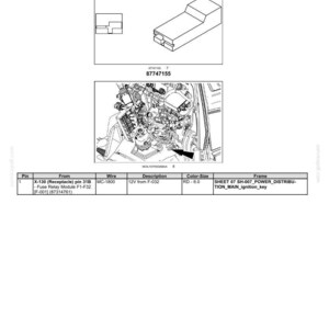 May include: Diagram of an electrical system component, labeled X-509 IGNITION KEY INPUT, with a receptacle and a detailed engine compartment view. Includes a table with pin, wire, and description details.